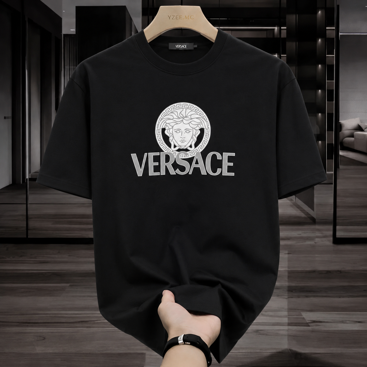 Women Versace Black Tshirt (White Print)