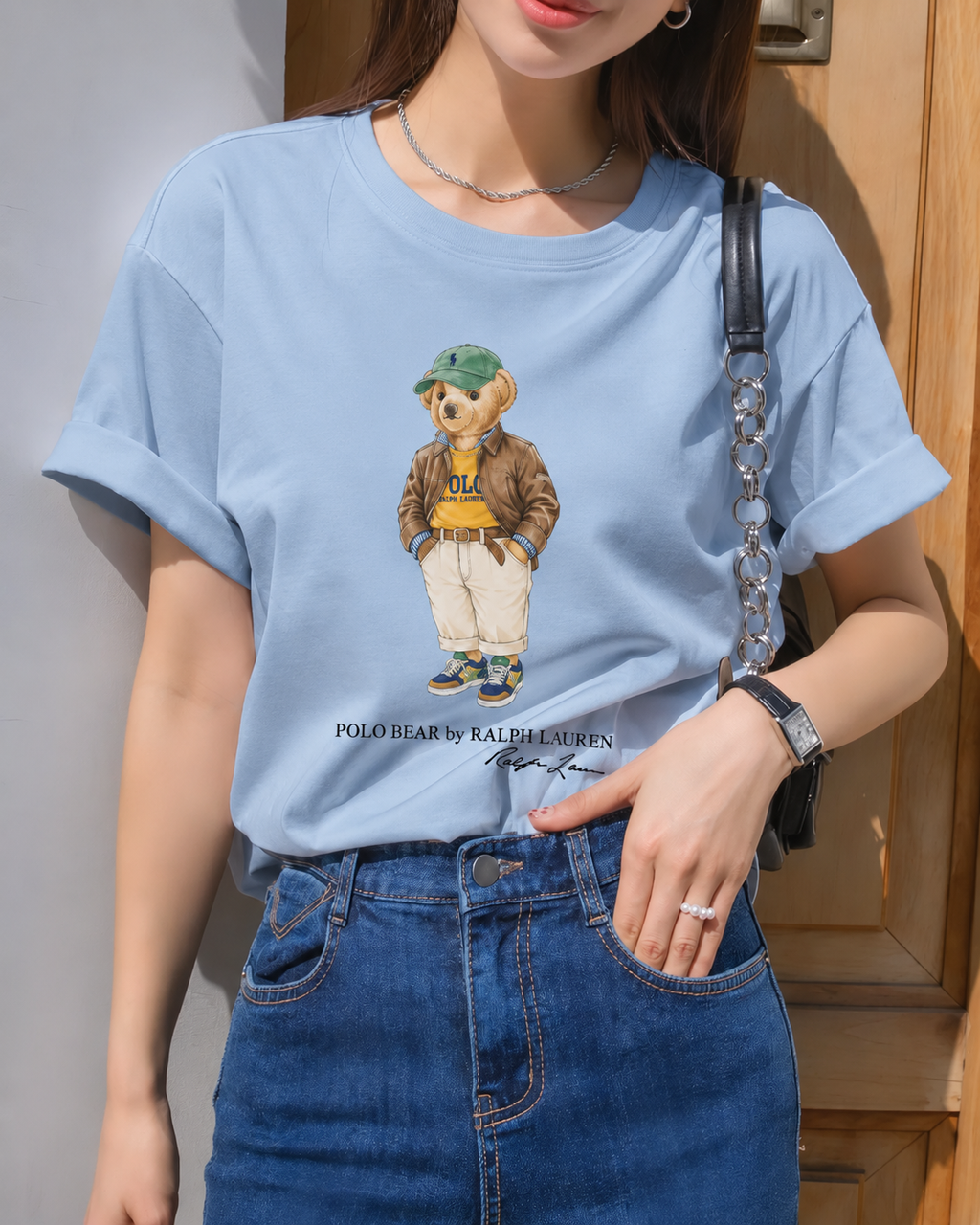 Women TEDDY BEAR T-SHIRT Sky cap