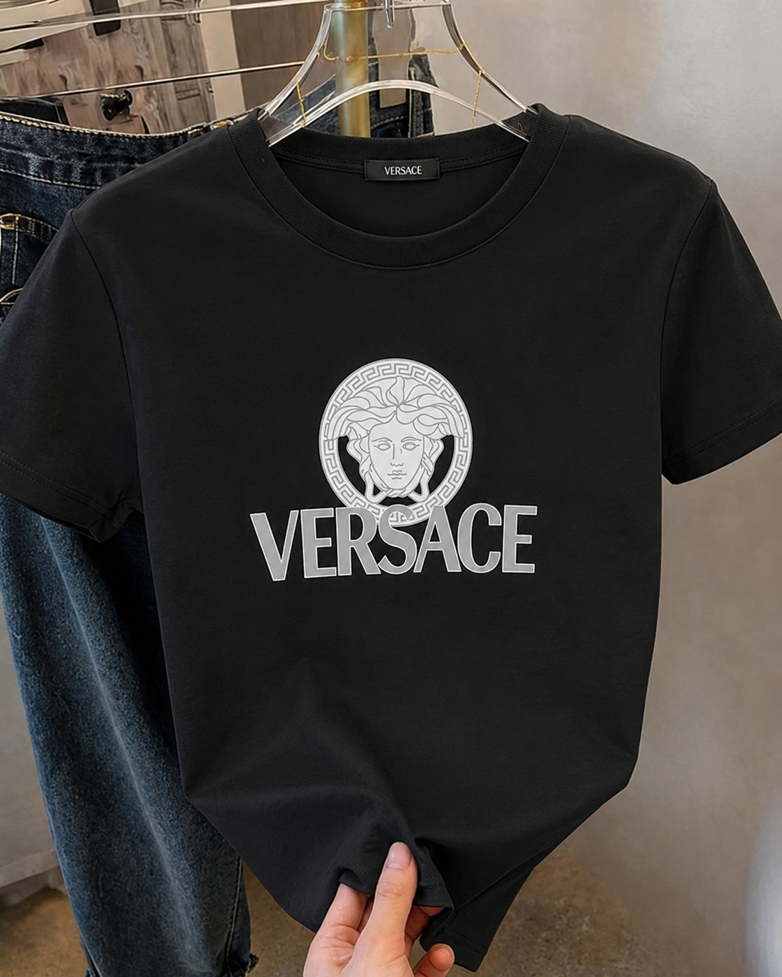 Women Versace Black Tshirt (White Print)