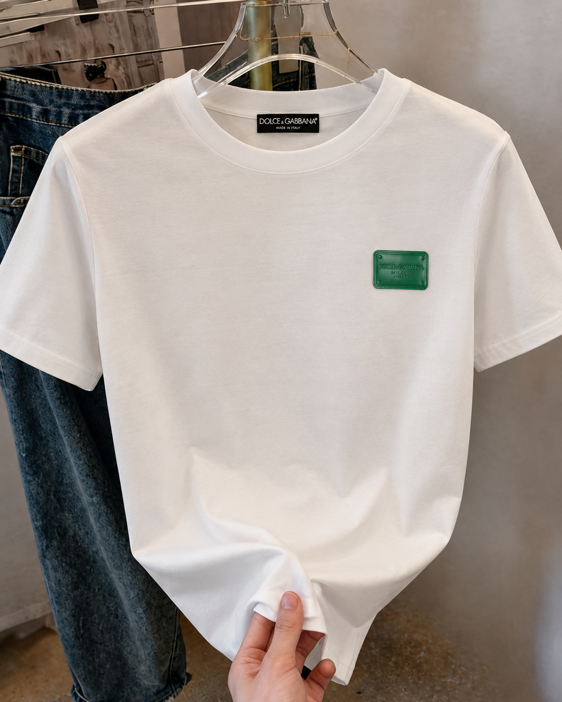Women D&G White Tshirt (Green Leather Badge)