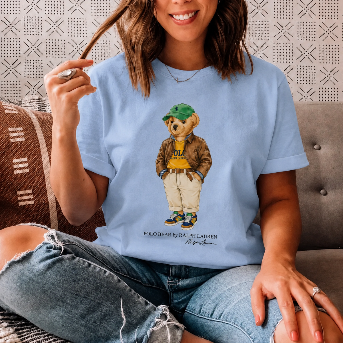 Women TEDDY BEAR T-SHIRT Sky cap