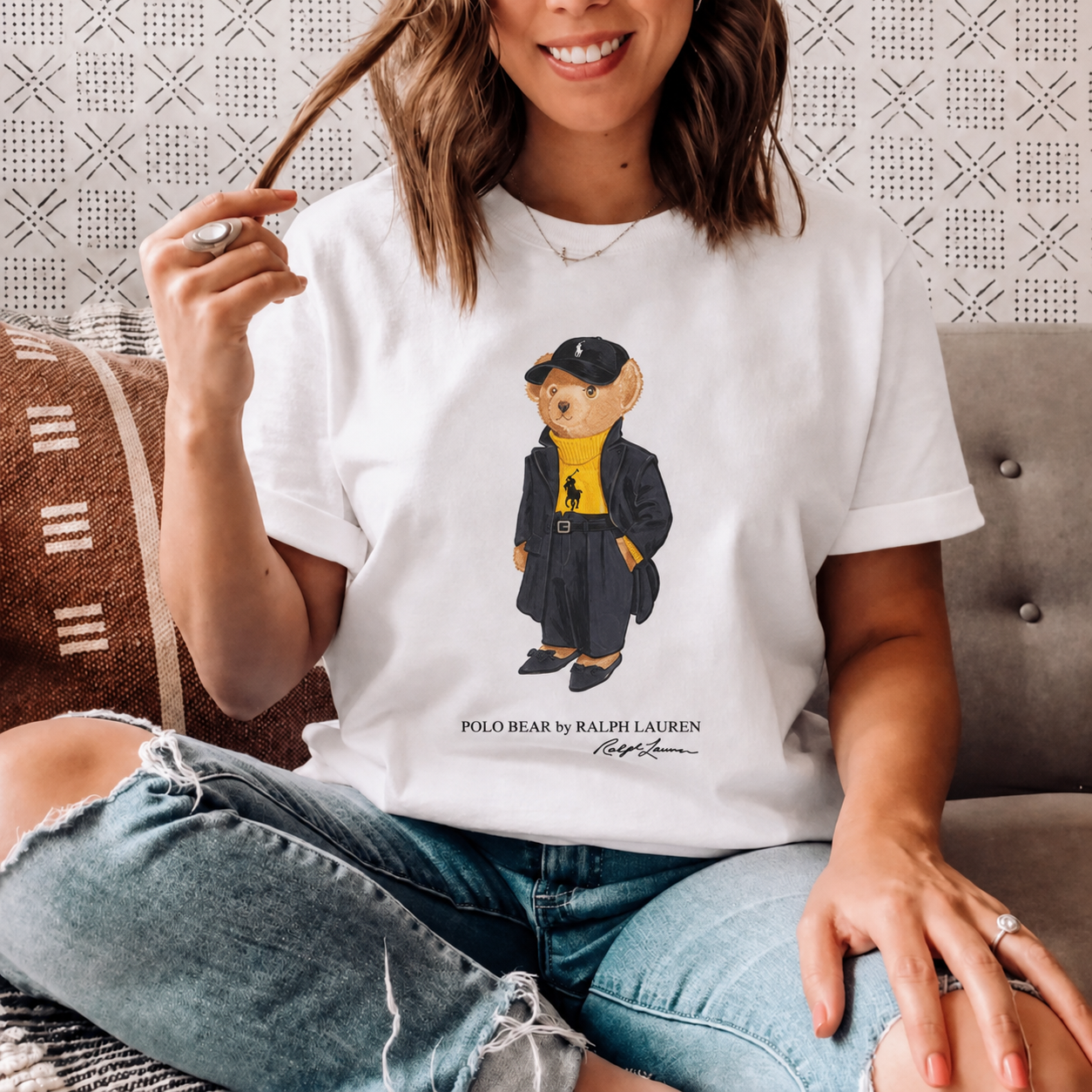Women TEDDY BEAR T-SHIRT WHITE Black Coat (New)