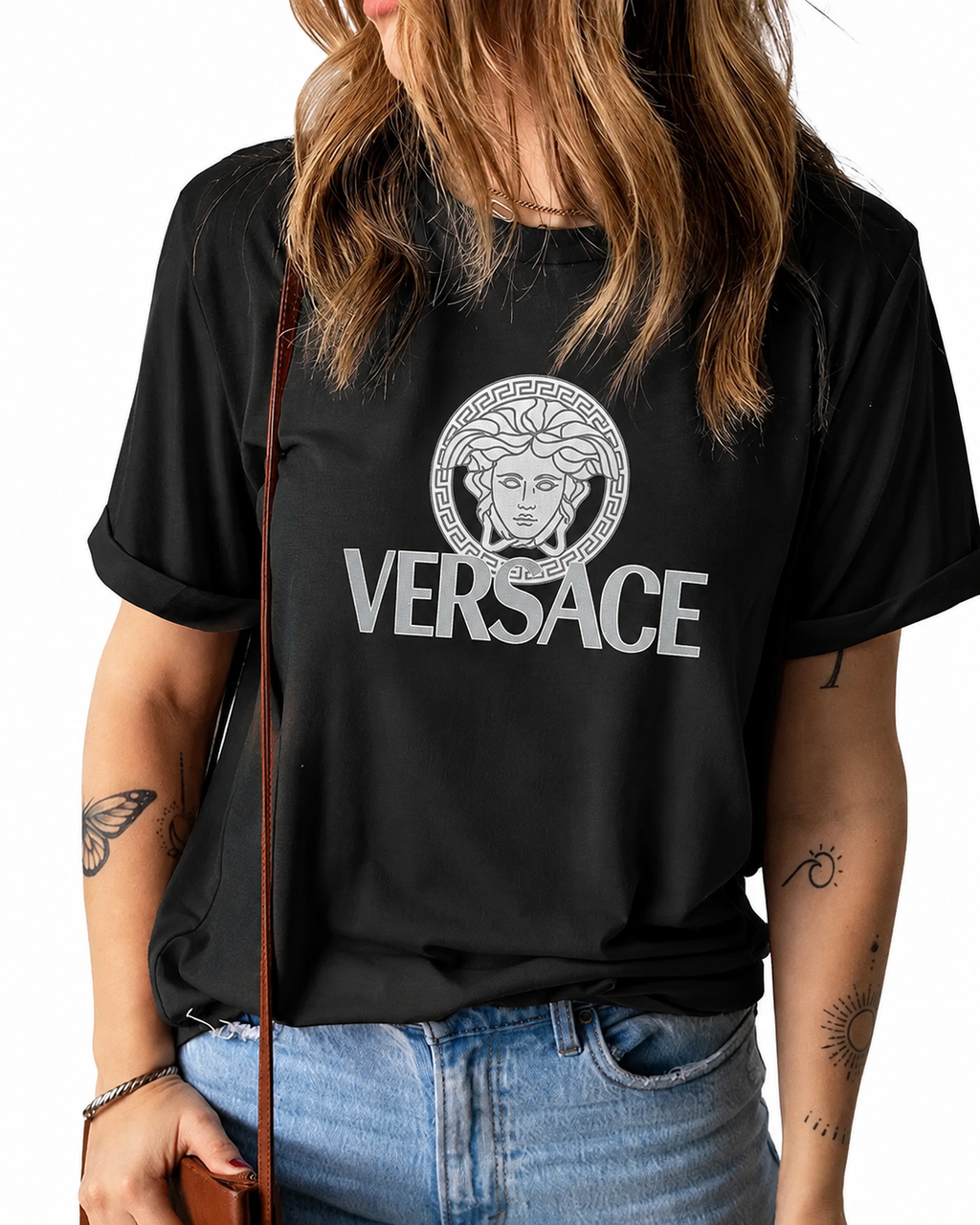 Women Versace Black Tshirt (White Print)