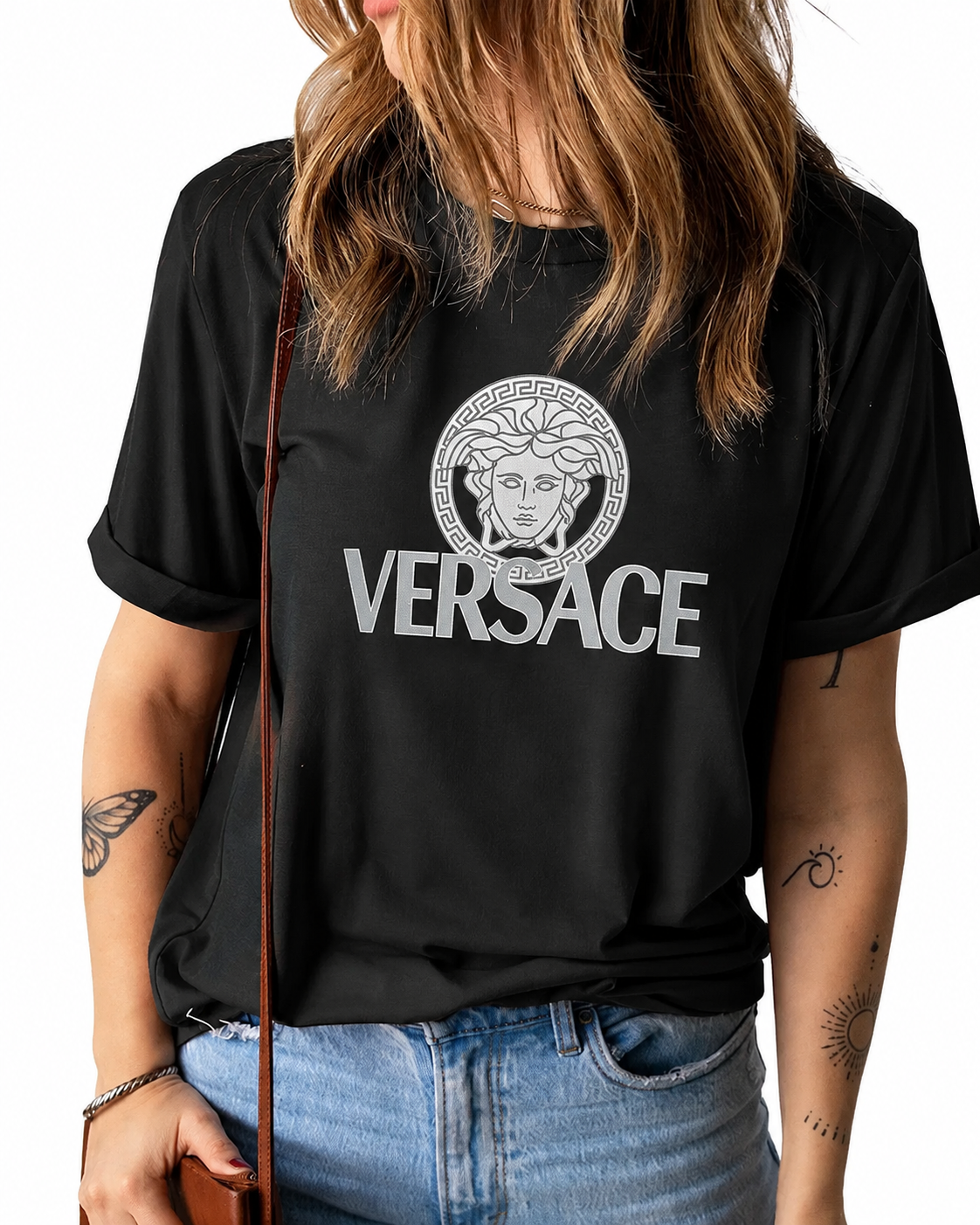 Women Versace Black Tshirt (White Print)