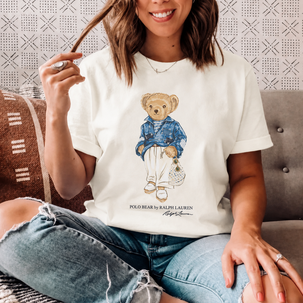 Women TEDDY BEAR T-SHIRT WHITE BLUE JACKET