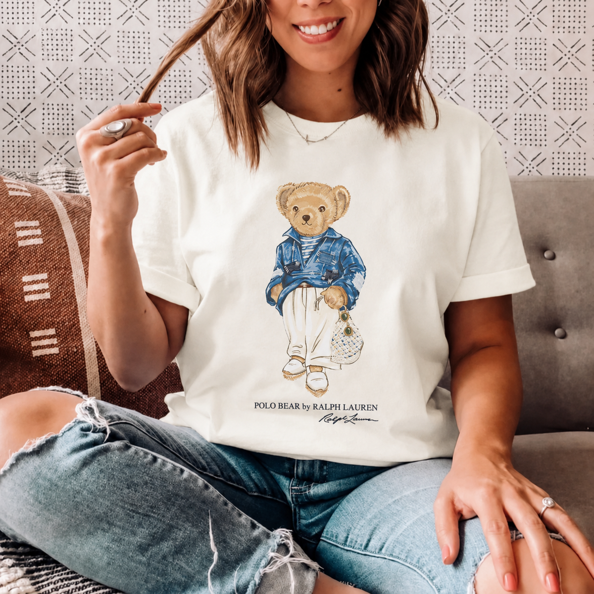 Women TEDDY BEAR T-SHIRT WHITE BLUE JACKET