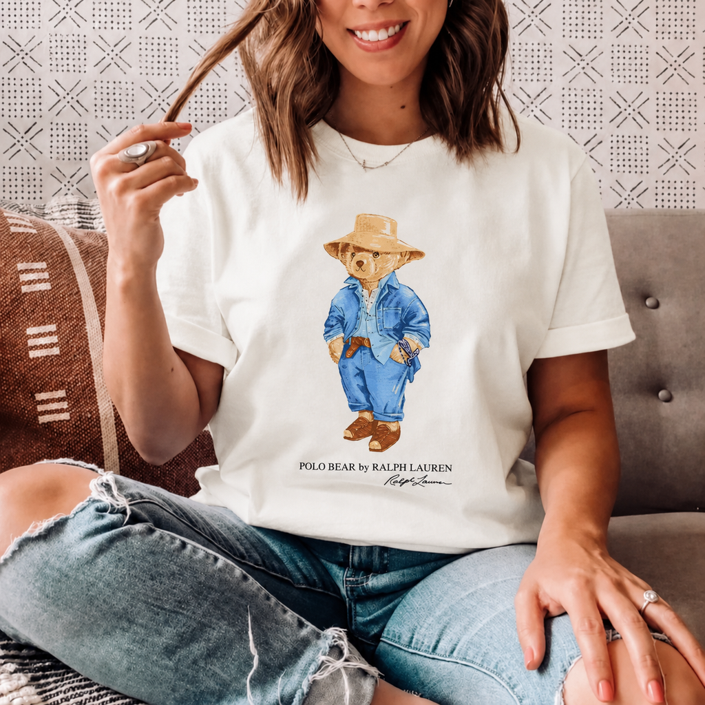 Women TEDDY BEAR T-SHIRT WHITE BLUE JACKET cap
