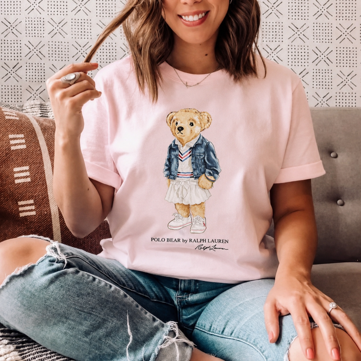 Women TEDDY BEAR T-SHIRT Pink (Blue jacket)