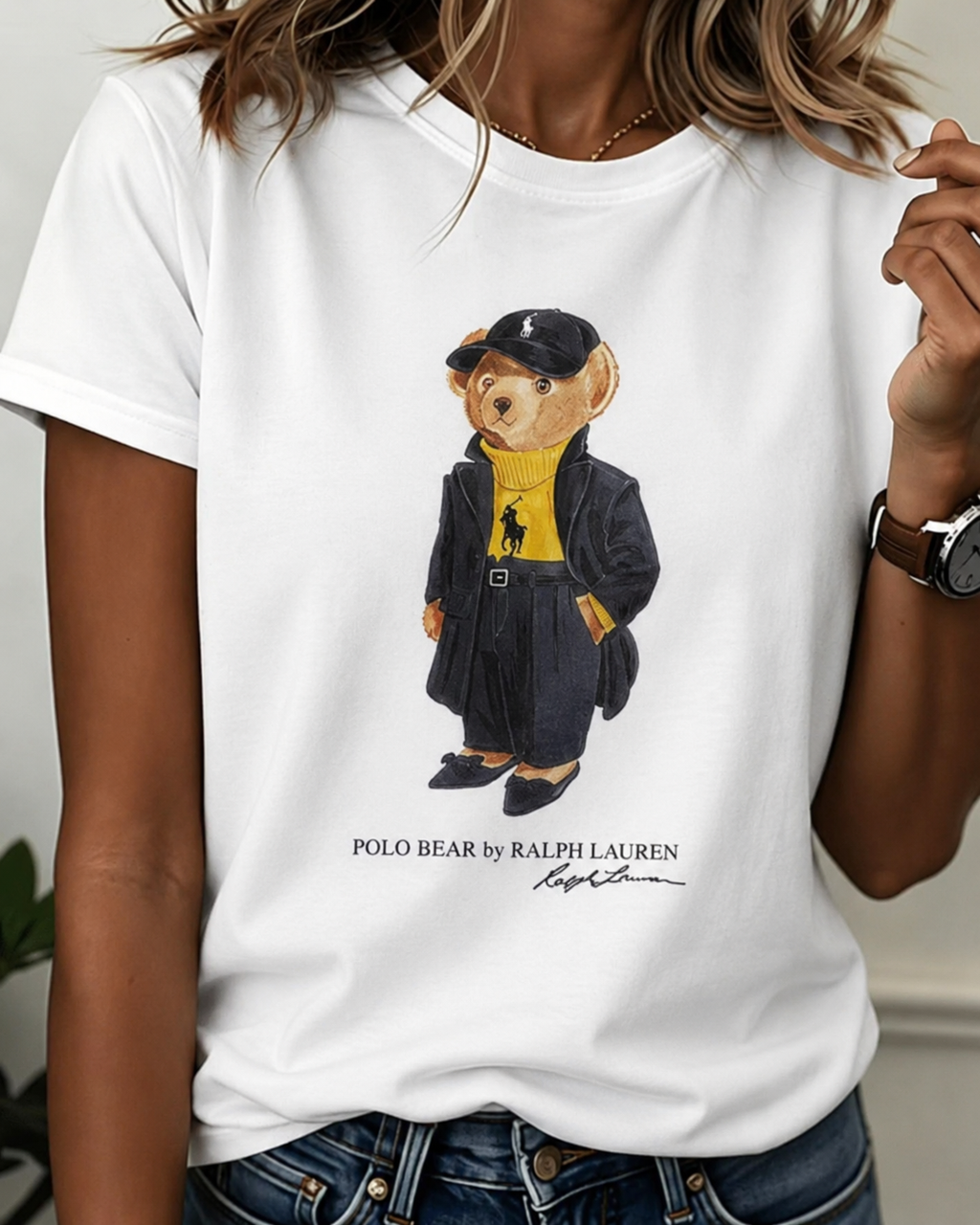 Women TEDDY BEAR T-SHIRT WHITE Black Coat (New)