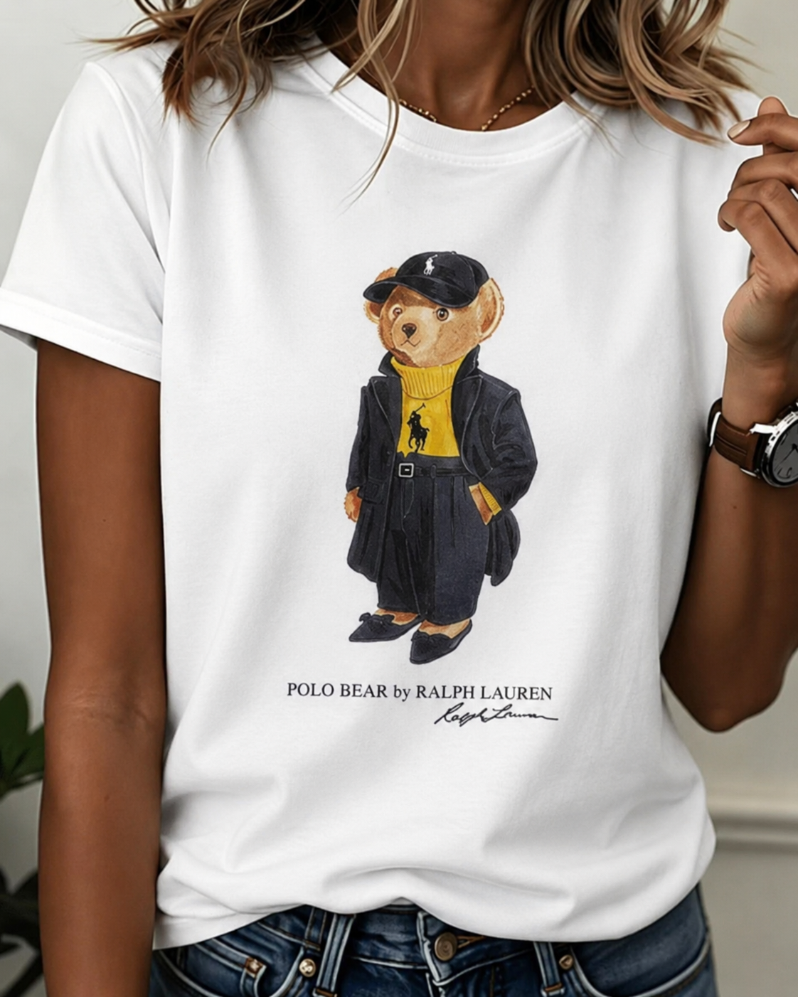 Women TEDDY BEAR T-SHIRT WHITE Black Coat (New)