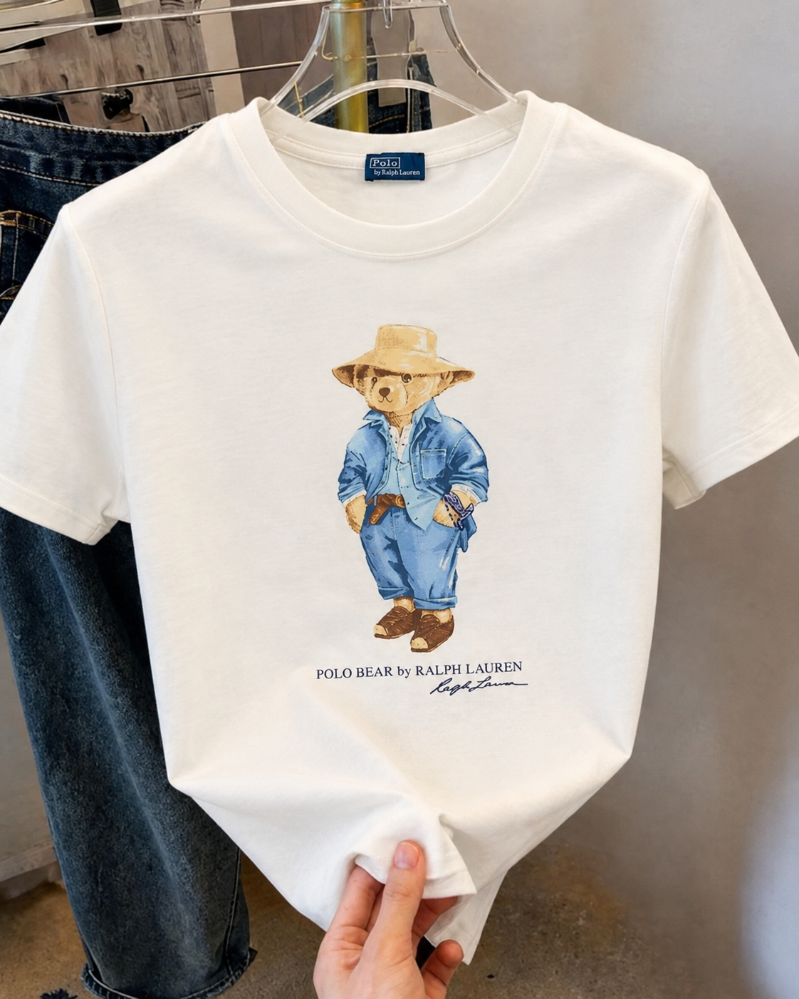 Women TEDDY BEAR T-SHIRT WHITE BLUE JACKET cap