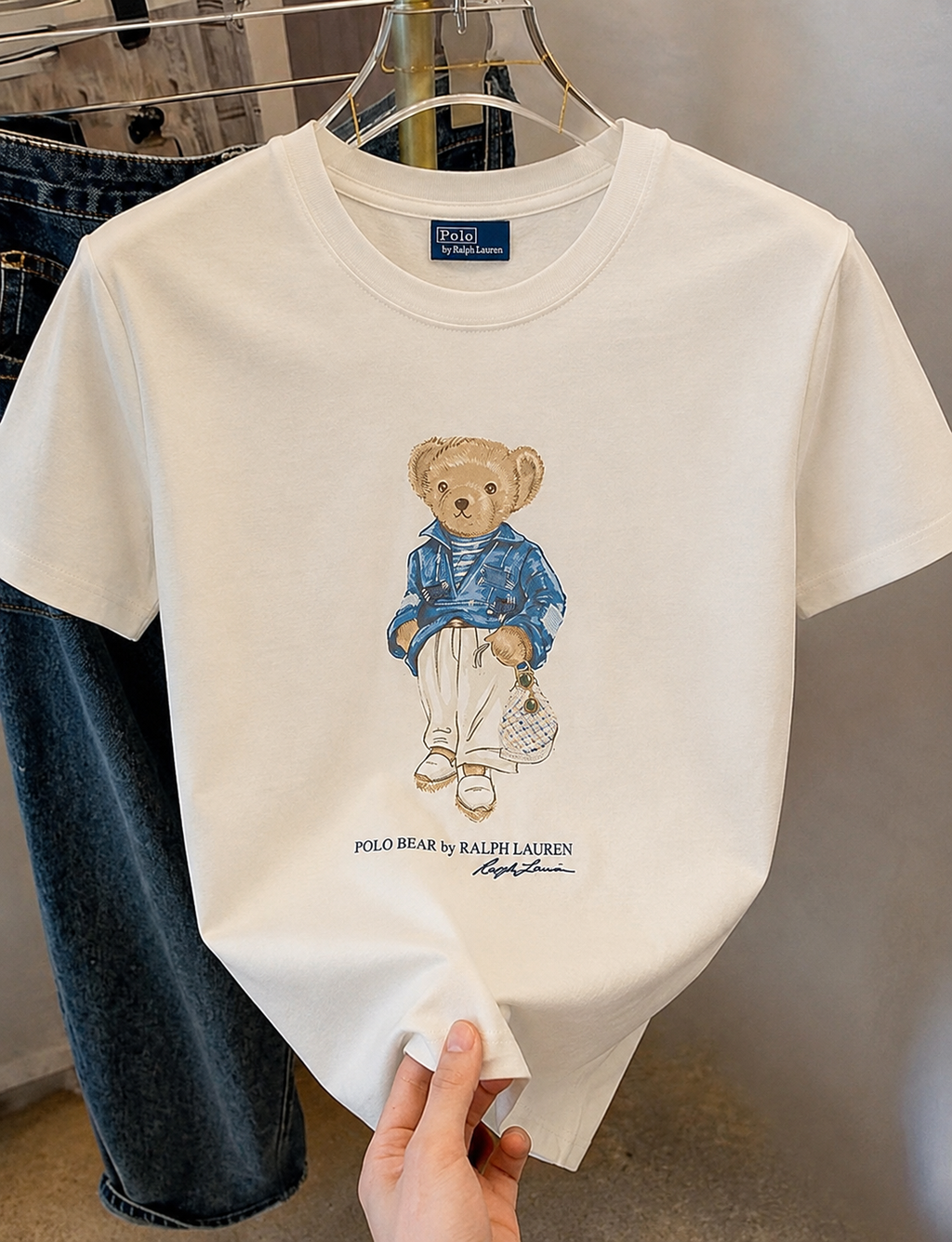 Women TEDDY BEAR T-SHIRT WHITE BLUE JACKET