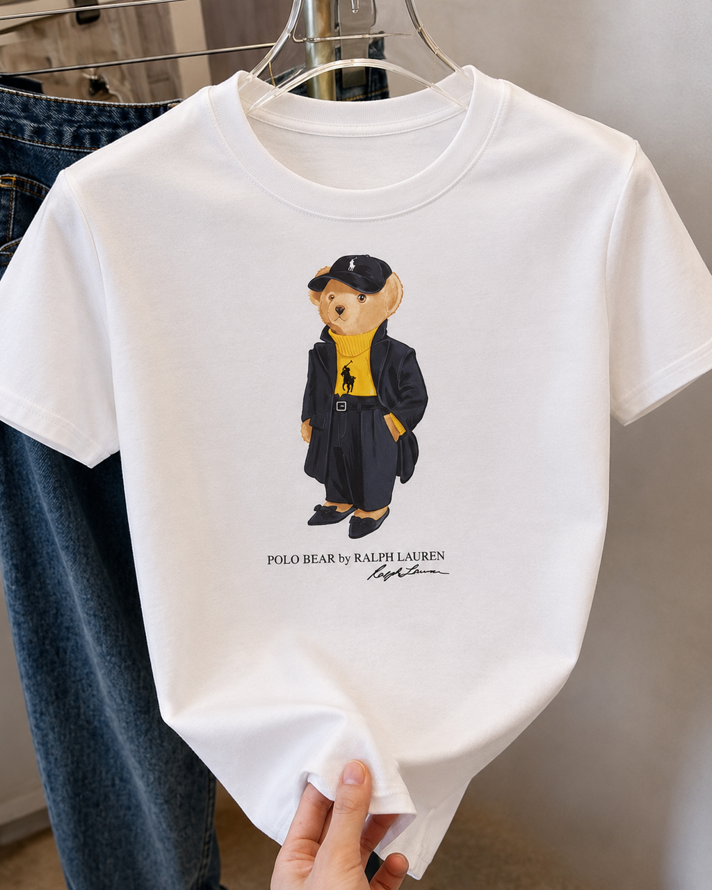 Women TEDDY BEAR T-SHIRT WHITE Black Coat (New)