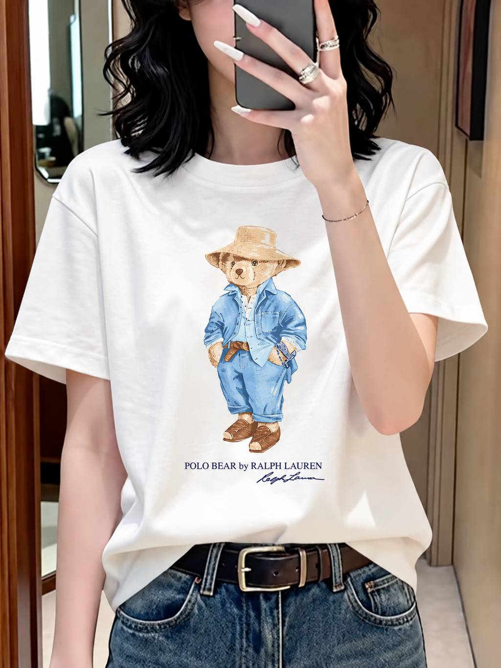Women TEDDY BEAR T-SHIRT WHITE BLUE JACKET cap