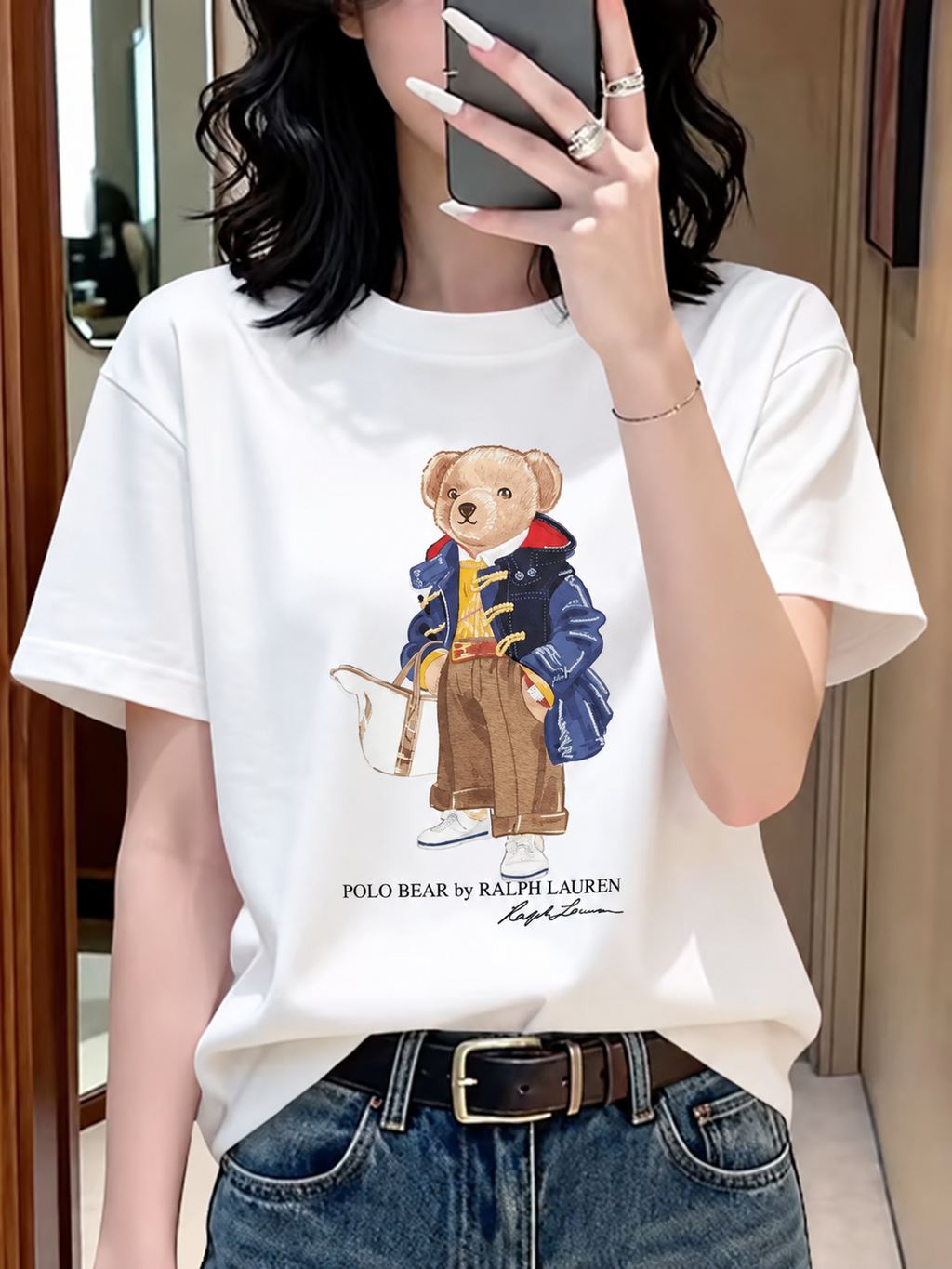 Women TEDDY BEAR T-SHIRT WHITE PURSE JACKET
