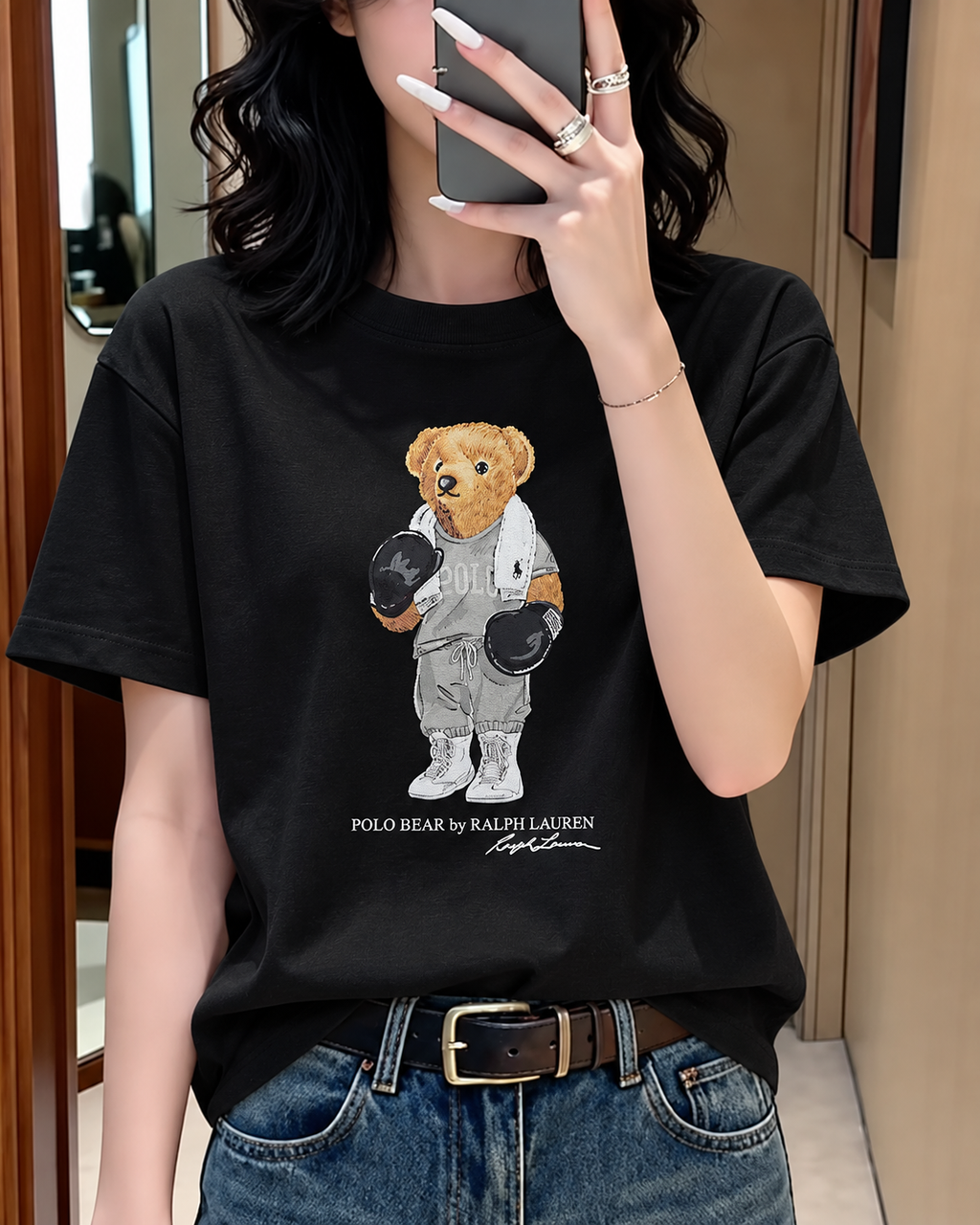 Women TEDDY BEAR T-SHIRT BLACK GYM